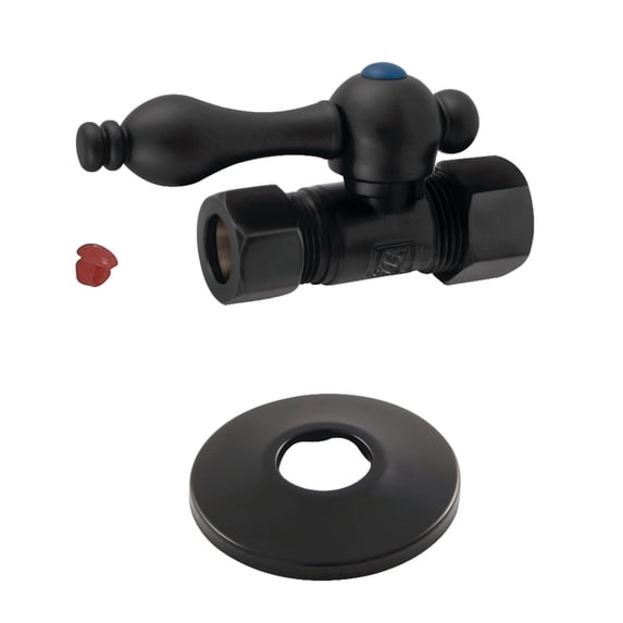 Kingston Brass CC44450K 5/8" OD Comp x 1/2" OD Comp Quarter-Turn Straight Stop Valve with Flange, Matte Black