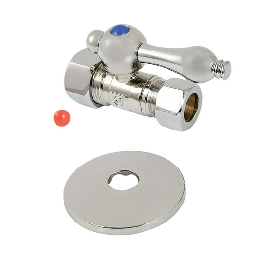 Kingston Brass CC44456K 5/8" OD Comp x 1/2" OD Comp Quarter-Turn Straight Stop Valve with Flange, Polished Nickel