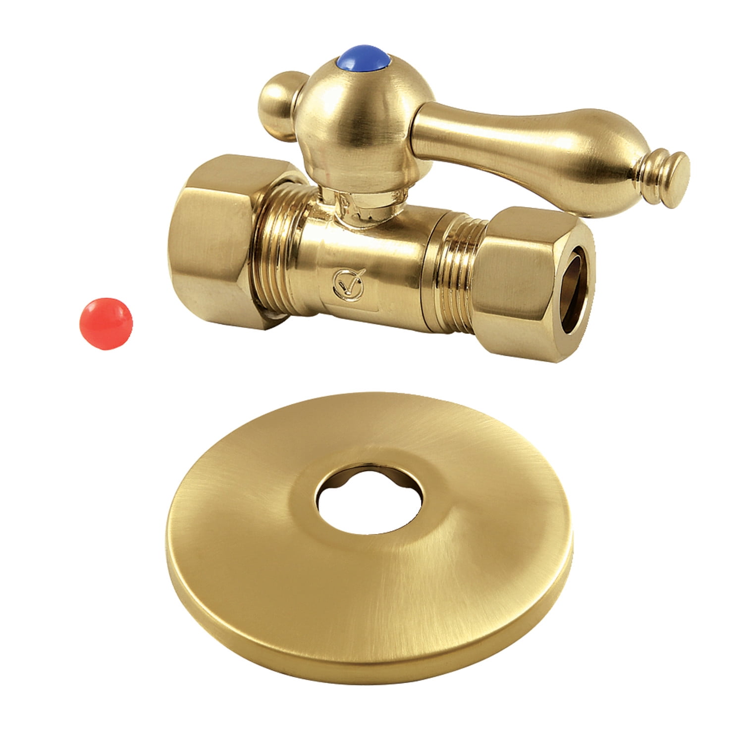 Kingston Brass CC44457K 5/8" OD Comp x 1/2" OD Comp Quarter-Turn Straight Stop Valve with Flange, Brushed Brass