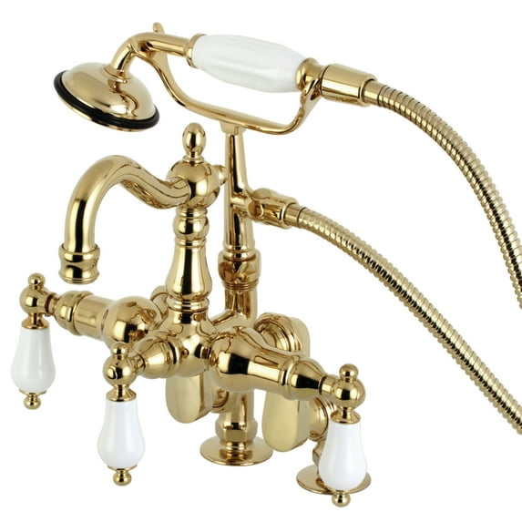Kingston Brass CC6015T2 Vintage 3-3/8" Adjustable Center Deck-Mount Clawfoot Tub Faucet with Hand Shower, Polished Brass