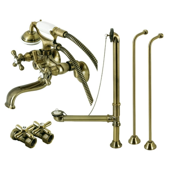 Kingston Brass CCK225AB Vintage Tub Wall Mount Clawfoot Tub Faucet Package with Supply Line, Hand Shower and Tub Drain, Antique Brass