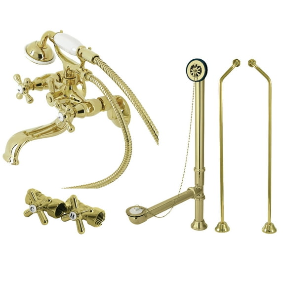 Kingston Brass CCK225PBD Vintage Tub Wall Mount Clawfoot Tub Faucet Package with Supply Line, Hand Shower and Tub Drain, Polished Brass