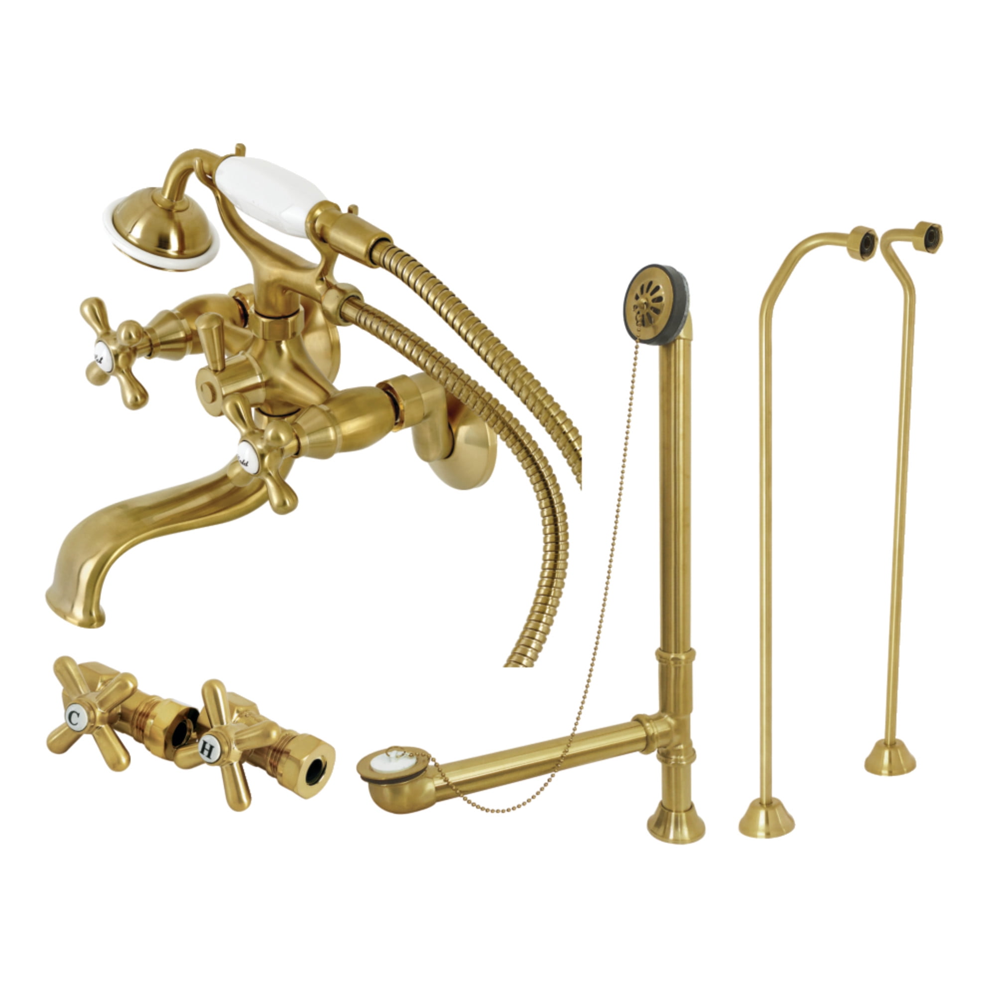 Kingston Brass CCK225SBD Vintage Tub Wall Mount Clawfoot Tub Faucet Package with Supply Line, Hand Shower and Tub Drain, Brushed Brass