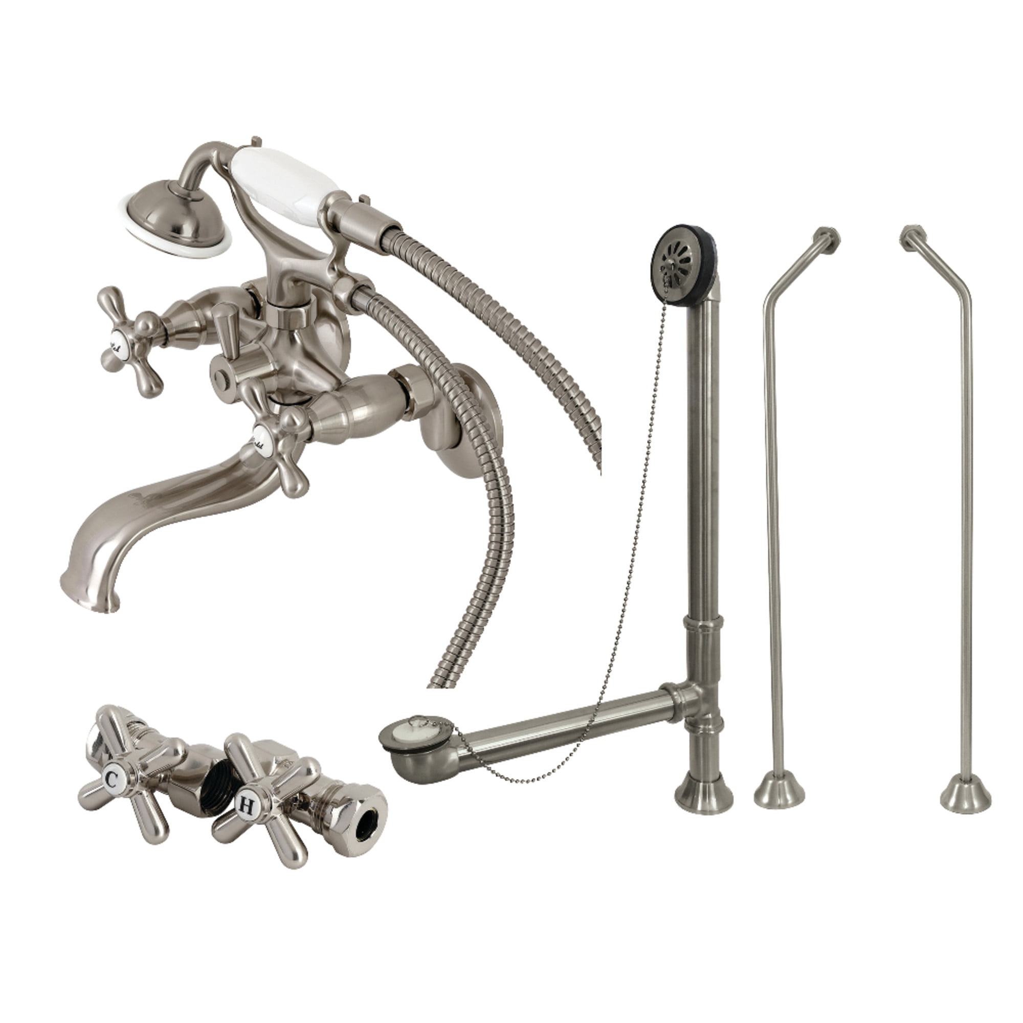 Kingston Brass CCK225SND Vintage Tub Wall Mount Clawfoot Tub Faucet Package with Supply Line, Hand Shower and Tub Drain, Brushed Nickel