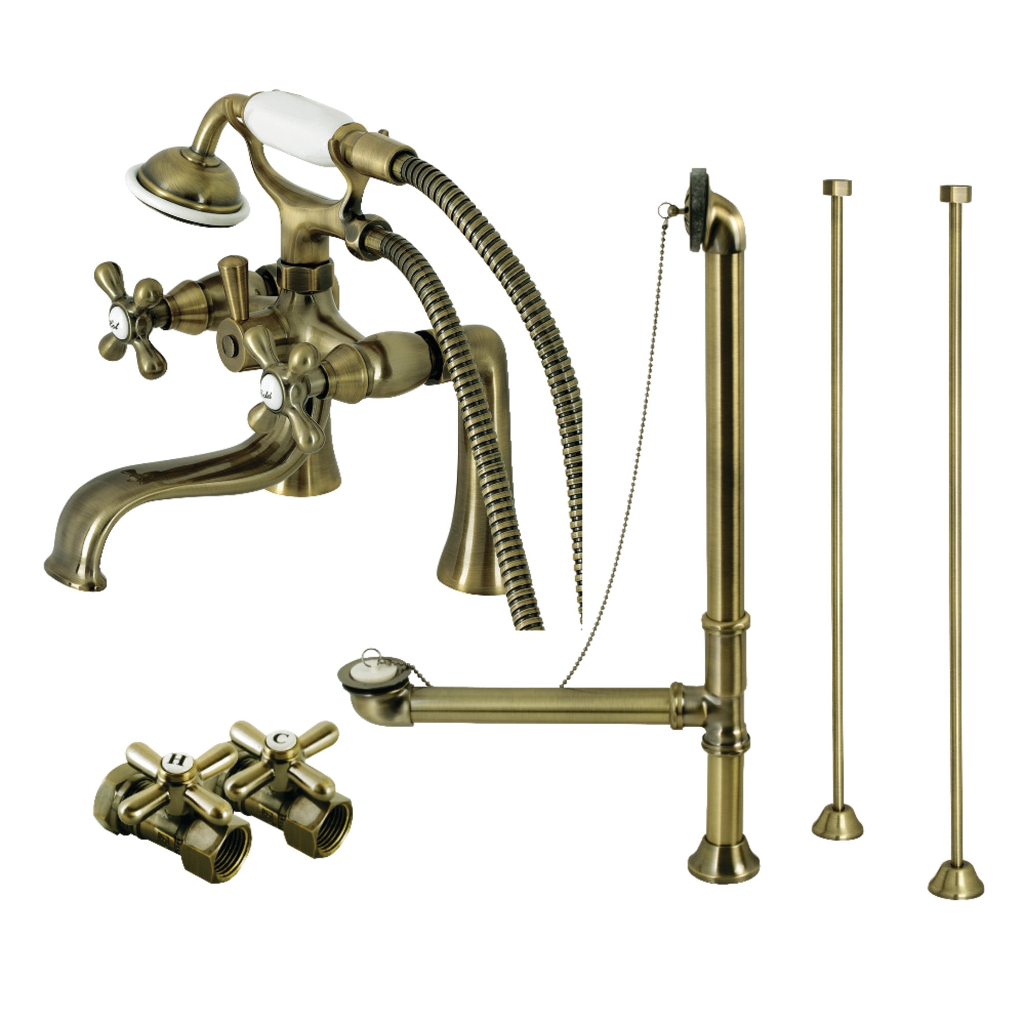 Kingston Brass CCK228AB Vintage Deck Mount Clawfoot Tub Faucet Package with Supply Line, Hand Shower and Tub Drain, Antique Brass