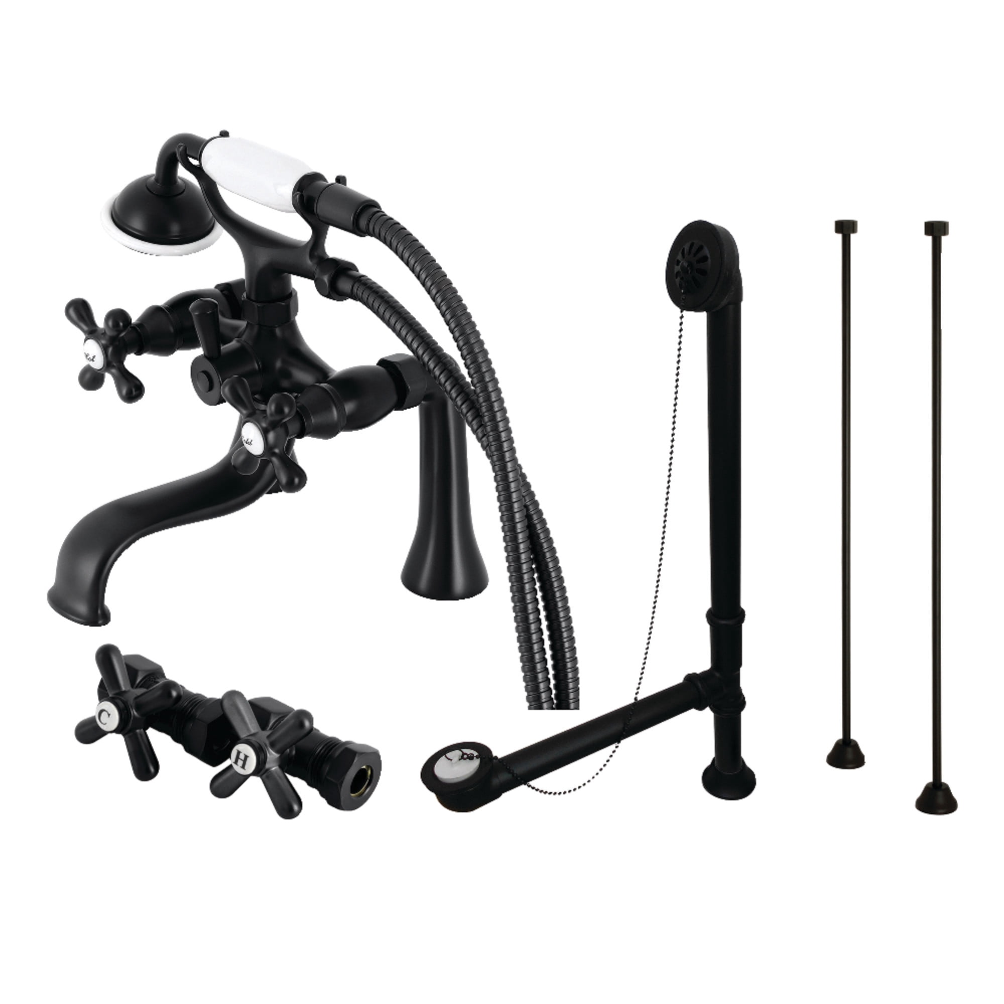 Kingston Brass CCK228MB Vintage Deck Mount Clawfoot Tub Faucet Package with Supply Line, Hand Shower and Tub Drain, Matte Black