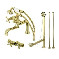Kingston Brass CCK228PB Vintage Three-Handle 2-Hole Deck Mount Clawfoot Tub Faucet Package with Supply Line, Hand Shower and Tub Drain in Polished Brass