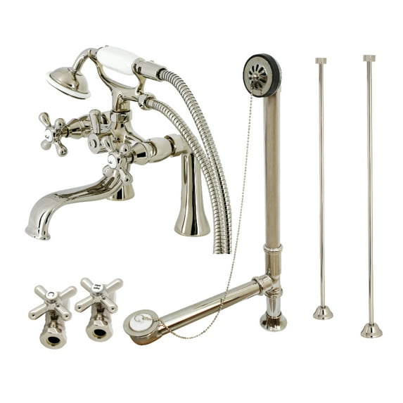 Kingston Brass CCK228PN Vintage Deck Mount Clawfoot Tub Faucet Package with Supply Line, Hand Shower and Tub Drain, Polished Nickel