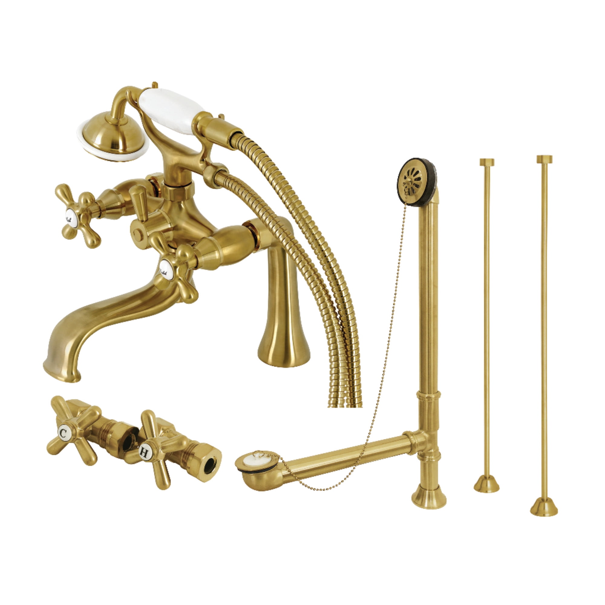 Kingston Brass CCK228SB Vintage Deck Mount Clawfoot Tub Faucet Package with Supply Line, Hand Shower and Tub Drain, Brushed Brass