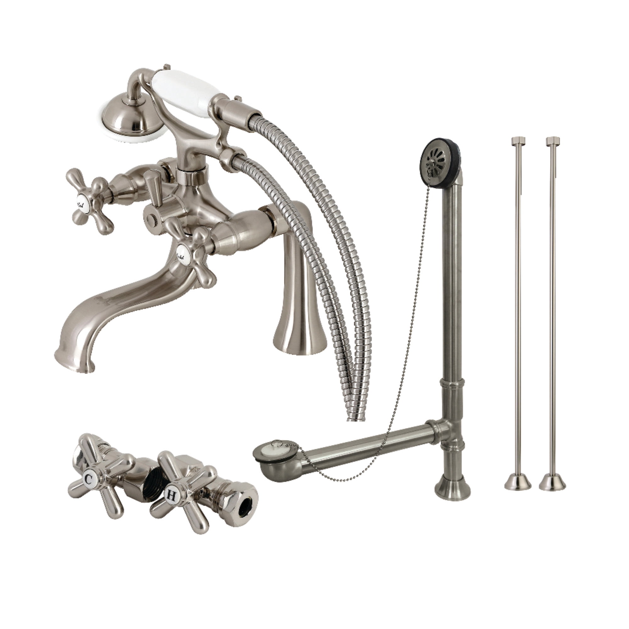 Kingston Brass CCK228SN Vintage Deck Mount Clawfoot Tub Faucet Package with Supply Line, Hand Shower and Tub Drain, Brushed Nickel