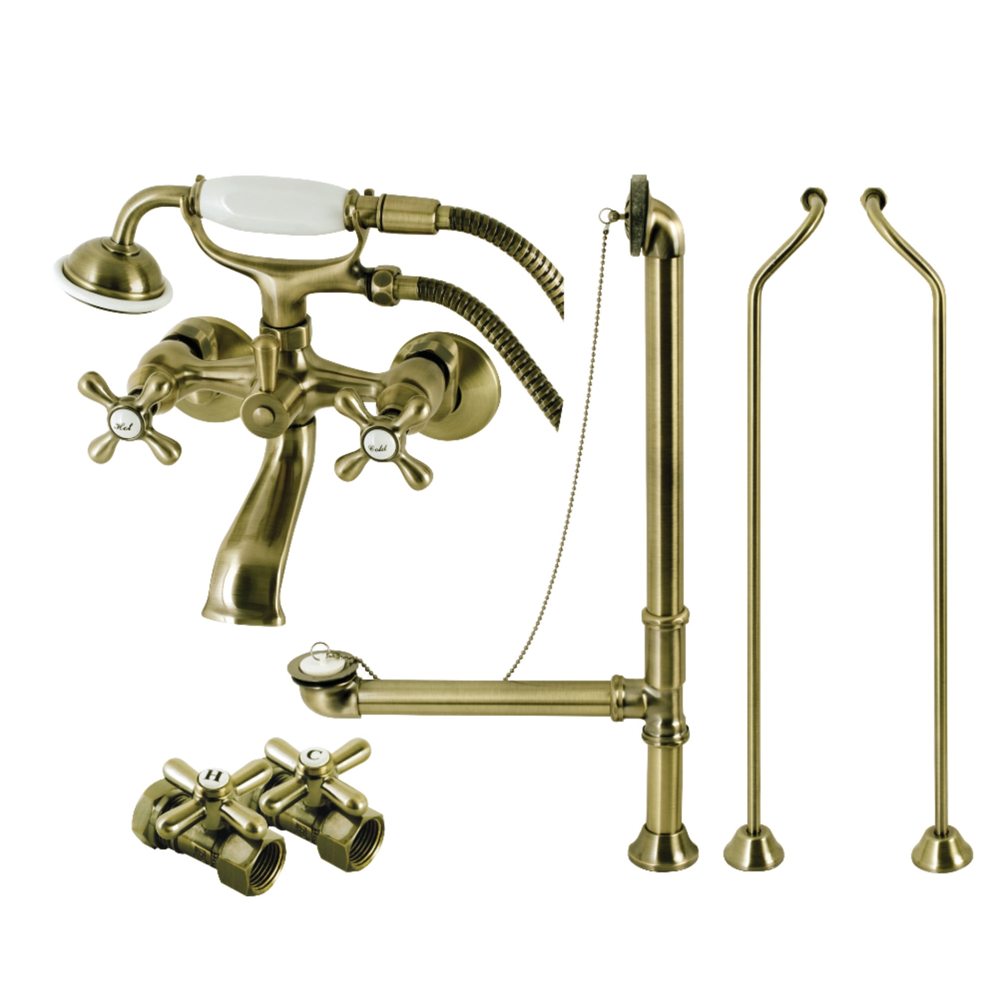 Kingston Brass CCK265ABD Vintage Wall Mount Clawfoot Tub Faucet Package with Supply Line, Hand Shower and Tub Drain, Antique Brass