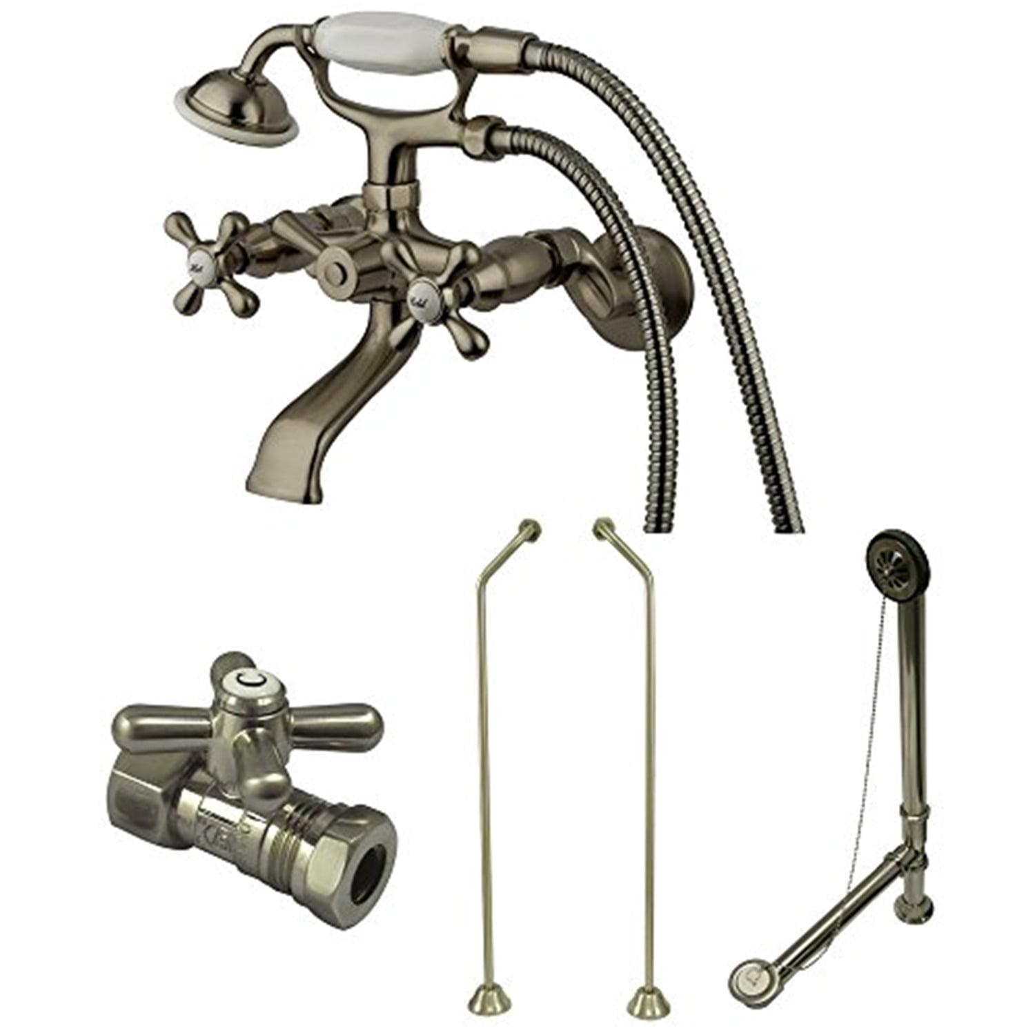 Vintage Satin Nickel Wall Mount Clawfoot Tub Faucet Package