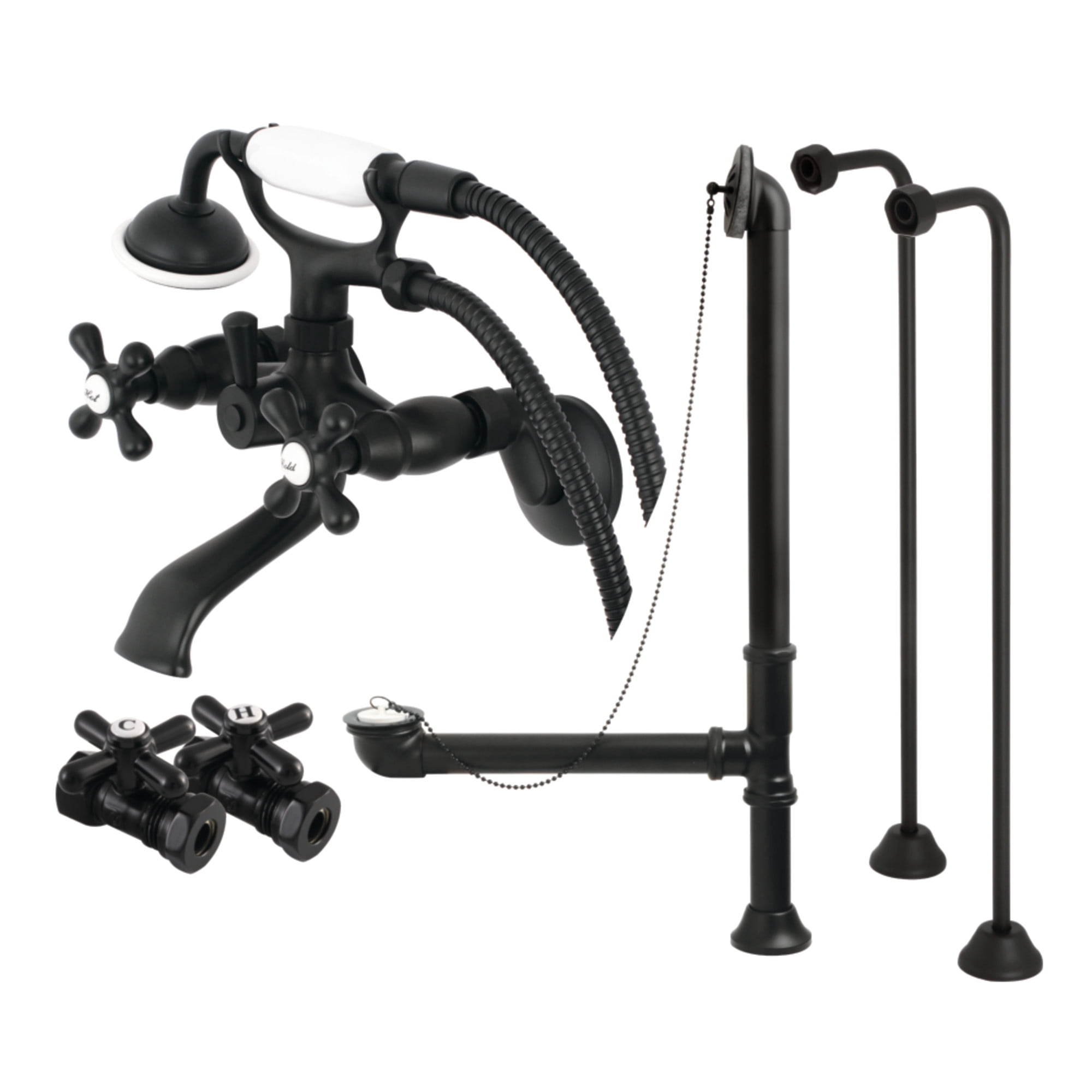 Kingston Brass CCK265MB Vintage Wall Mount Clawfoot Tub Faucet Package with Supply Line, Hand Shower and Tub Drain, Matte Black