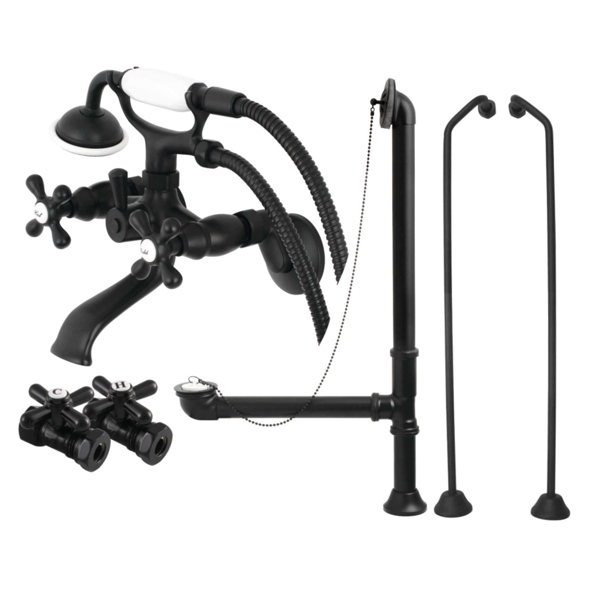 Kingston Brass CCK265MBD Vintage Wall Mount Clawfoot Tub Faucet Package with Supply Line, Hand Shower and Tub Drain, Matte Black