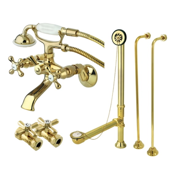 Kingston Brass CCK265PB Vintage Wall Mount Clawfoot Tub Faucet Package with Supply Line, Hand Shower and Tub Drain, Polished Brass