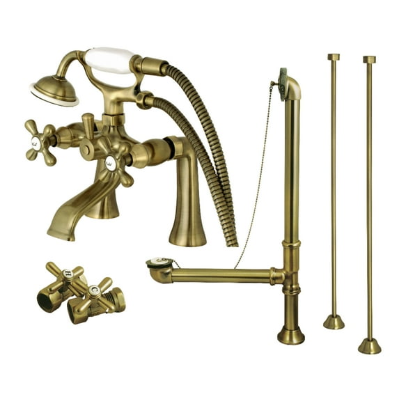 Kingston Brass CCK268AB Vintage Deck Mount Clawfoot Tub Faucet Package with Supply Line, Hand Shower and Tub Drain, Antique Brass