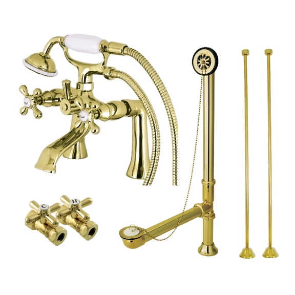 Kingston Brass CCK268PB Vintage Deck Mount Clawfoot Tub Faucet Package with Supply Line, Hand Shower and Tub Drain, Polished Brass