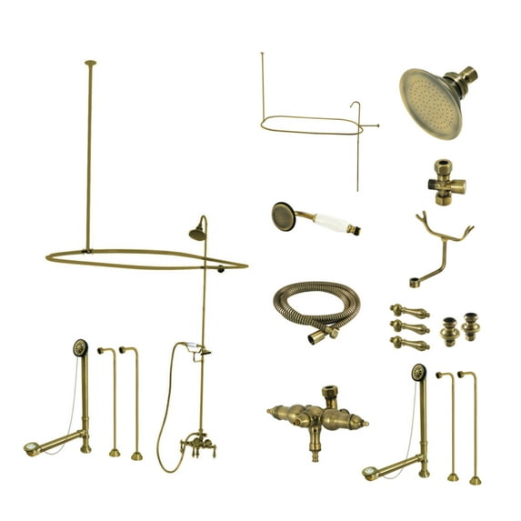 Kingston Brass CCK3143AL Vintage Tub Wall Mount Down Spout Clawfoot Tub Faucet Package with Shower Enclosure and Hand Shower, Antique Brass