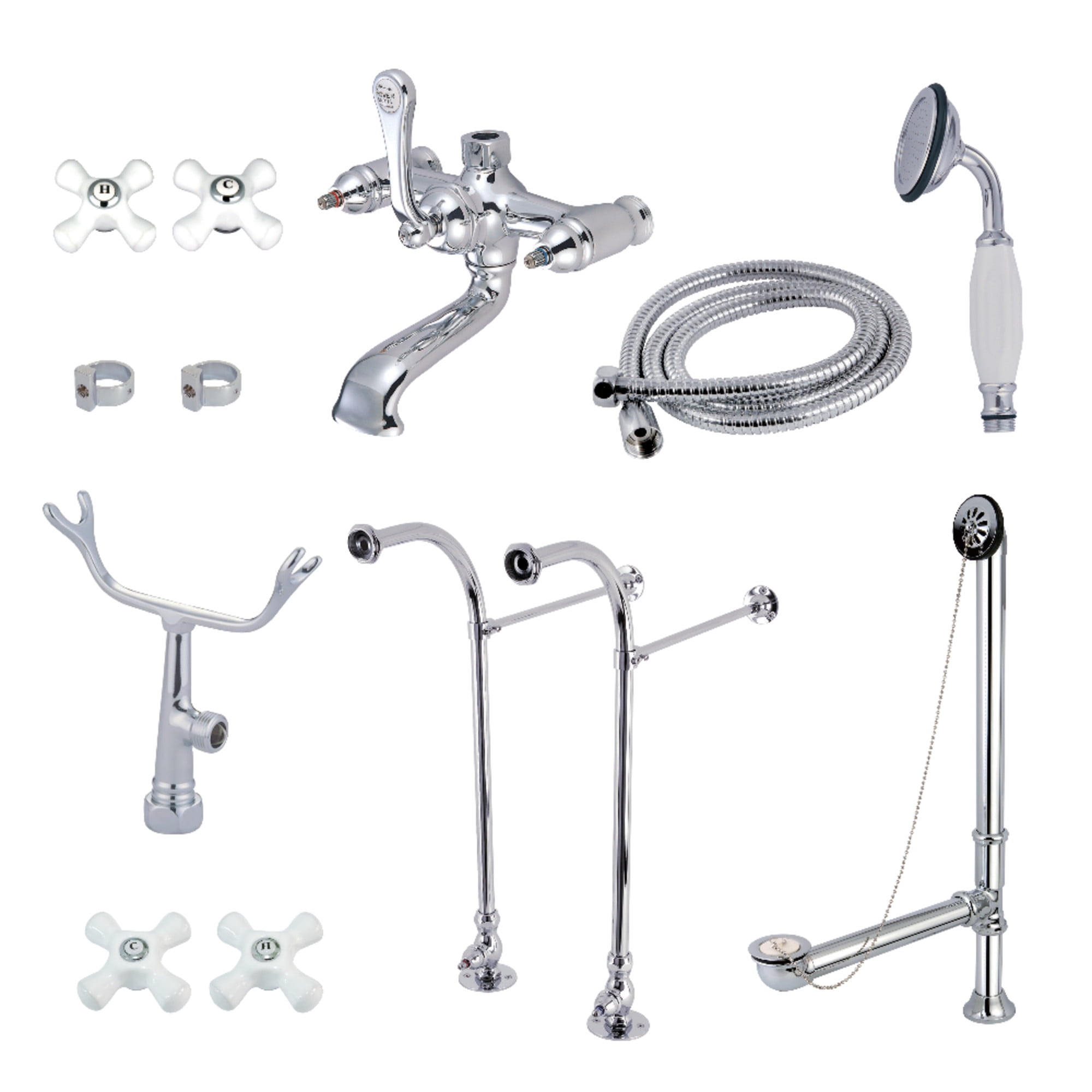 Kingston Brass CCK5171PX Vintage Freestanding Clawfoot Tub Faucet Package with Supply Line, Hand Shower and Tub Drain, Polished Chrome