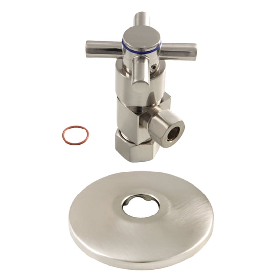 Kingston Brass CD53308DXK 5/8-Inch O.D. Comp x 3/8-Inch O.D. Comp Anti-Seize Deluxe Quarter-Turn Ceramic Hardisc Cartridge Angle Stop with Flange in Brushed Nickel
