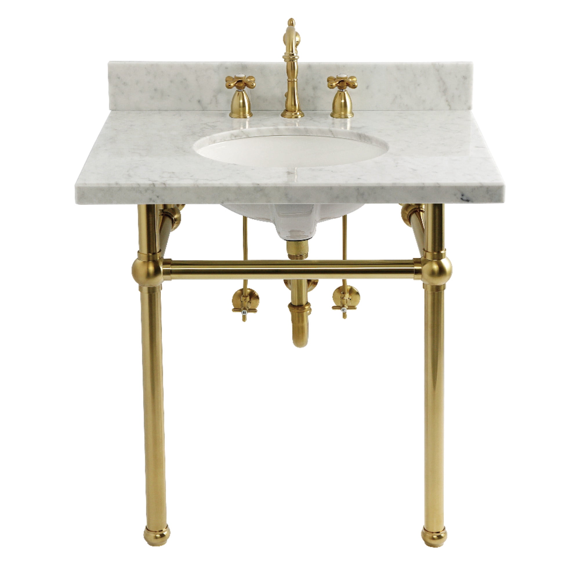 Kingston Brass CKVPB3030MB7 Templeton 30" Carrara Marble Console Sink Set with Widespread Bathroom Faucet and Plumbing Trim Kit (8-Inch, 3-Hole), Carrara Marble White/Brushed Brass