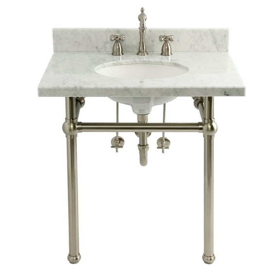 Kingston Brass CKVPB3030MB8 Templeton 30" Carrara Marble Console Sink Set with Widespread Bathroom Faucet and Plumbing Trim Kit (8-Inch, 3-Hole), Carrara Marble White/Brushed Nickel