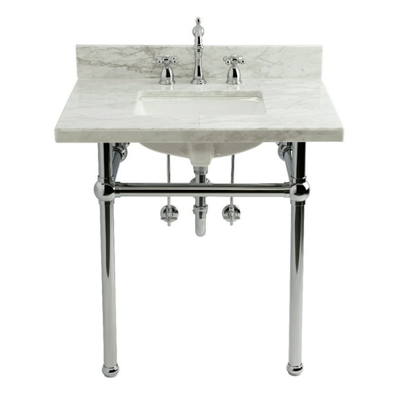 Kingston Brass CKVPB3030MBSQ1 Templeton 30" Carrara Marble Console Sink Set with Widespread Bathroom Faucet and Plumbing Trim Kit (8-Inch, 3-Hole), Carrara Marble White/Polished Chrome