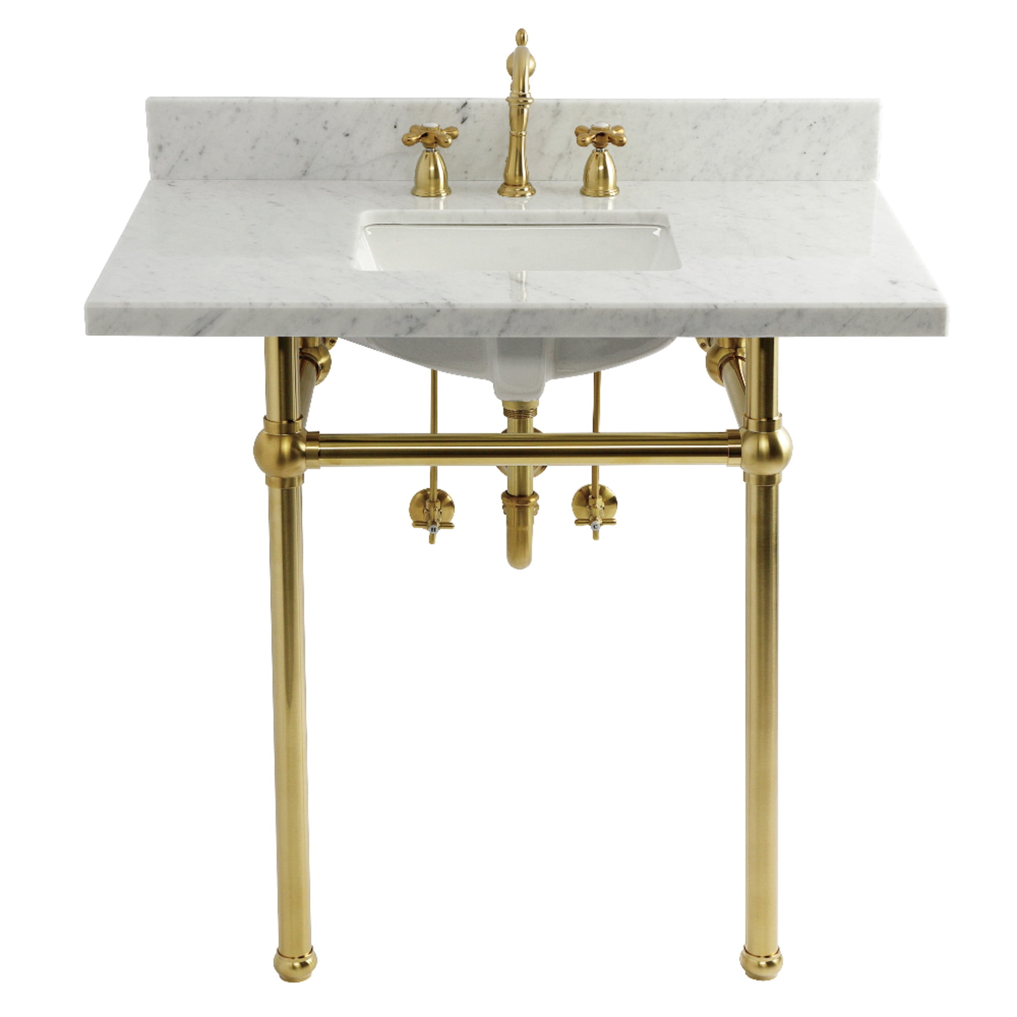 Kingston Brass CKVPB36MBSQ7 Templeton 36" Carrara Marble Console Sink Set with Widespread Bathroom Faucet and Plumbing Trim Kit (8-Inch, 3-Hole), Carrara Marble White/Brushed Brass