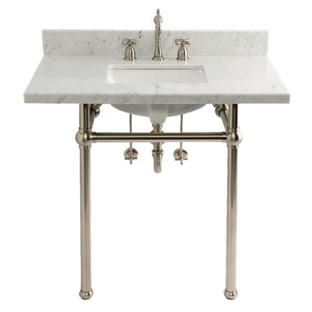 Kingston Brass CKVPB36MBSQ8 Templeton 36" Carrara Marble Console Sink Set with Widespread Bathroom Faucet and Plumbing Trim Kit (8-Inch, 3-Hole), Carrara Marble White/Brushed Nickel