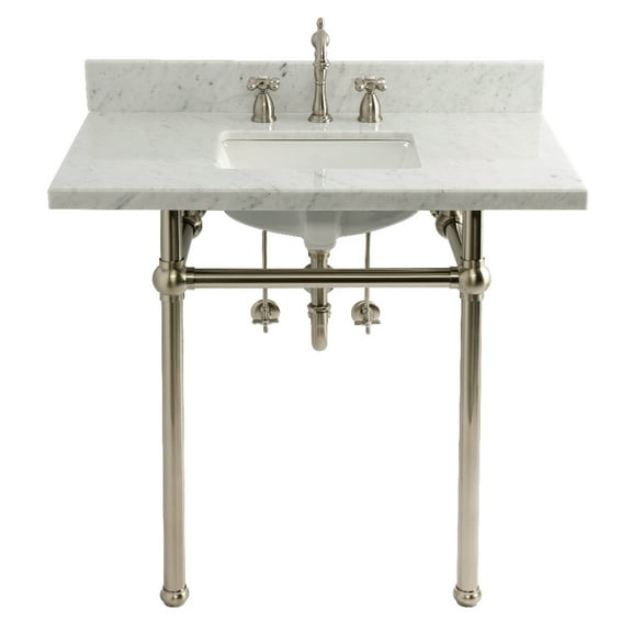 Kingston Brass CKVPB36MBSQ8 Templeton 36" Carrara Marble Console Sink Set with Widespread Bathroom Faucet and Plumbing Trim Kit (8-Inch, 3-Hole), Carrara Marble White/Brushed Nickel