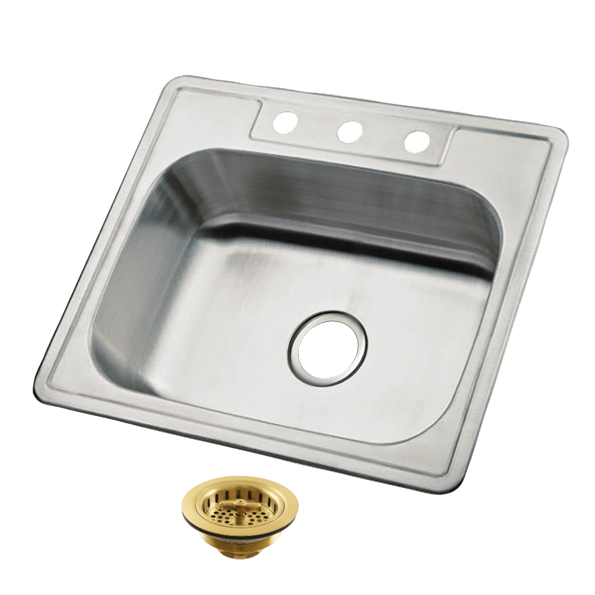 Kingston Brass Carefree K25228BN7 25" Stainless Steel Self-Rimming Single Bowl Drop-In Kitchen Sink with 3-Hole Drain and Strainer, Stainless Steel/Brushed Brass