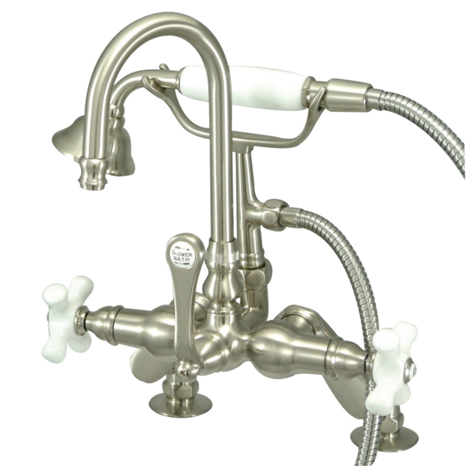 Brushed Nickel Three-Handle Deck Mount Tub Faucet with Hand Shower