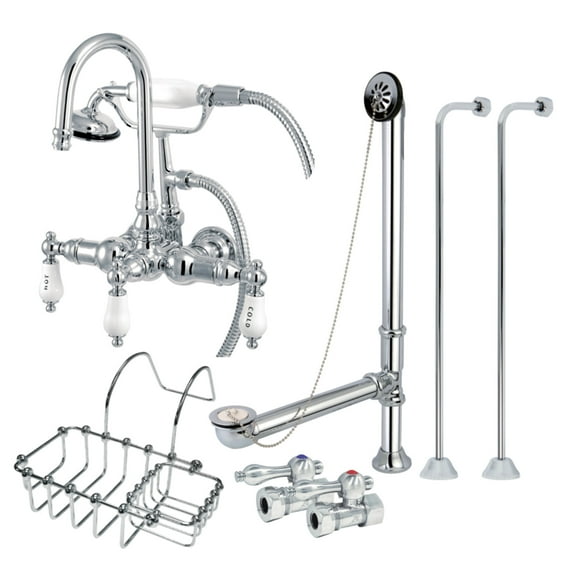Kingston Brass CCK10T1SS-SB Vintage Wall Mount Clawfoot Tub Faucet Package with Supply Line, Hand Shower and Tub Drain, Polished Chrome