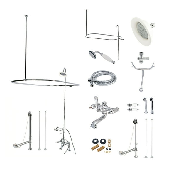 Kingston Brass CCK1171DPL Vintage Deck Mount Clawfoot Tub Faucet Package with Shower Enclosure and Hand Shower, Polished Chrome