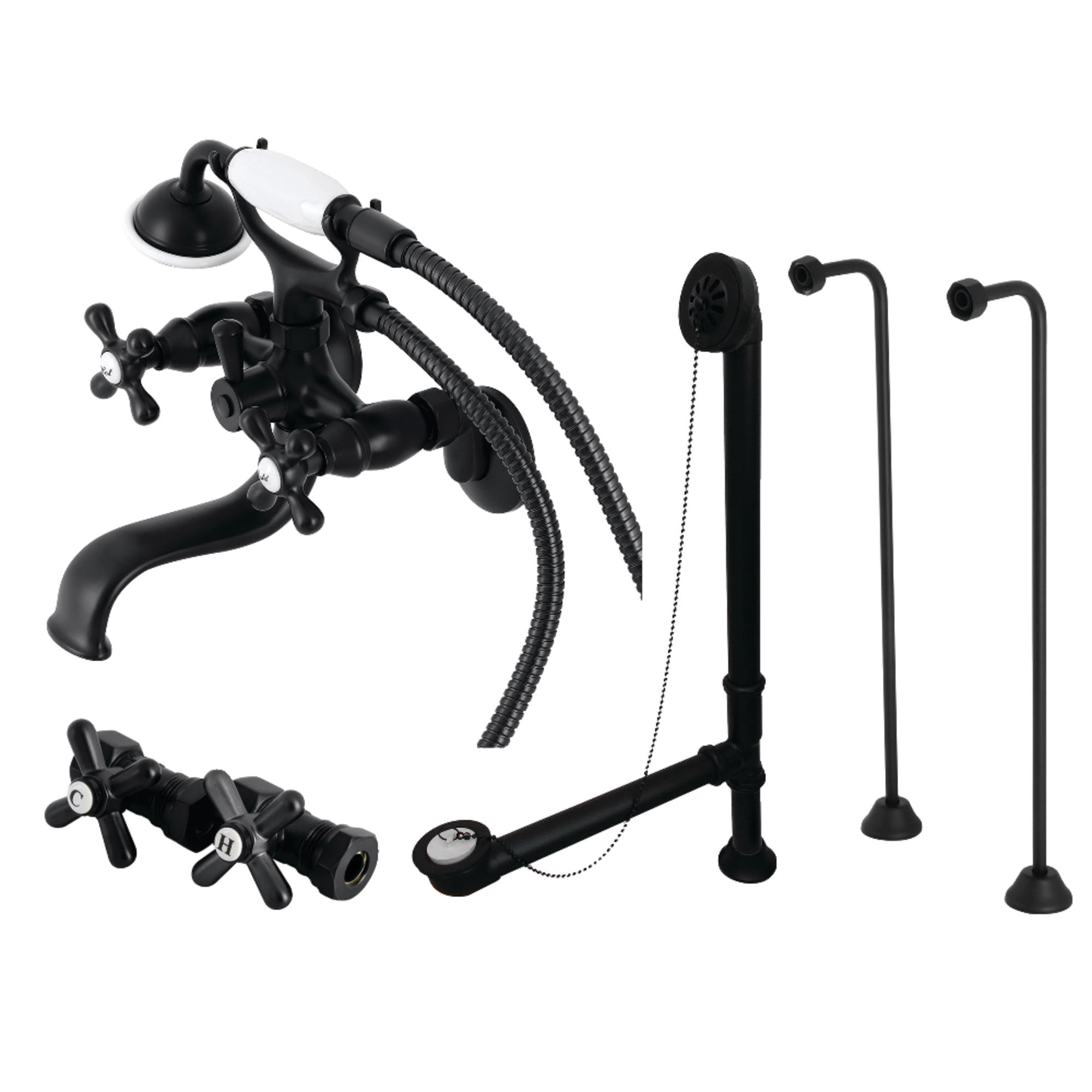 Kingston Brass CCK225MB Vintage Tub Wall Mount Clawfoot Tub Faucet Package with Supply Line, Hand Shower and Tub Drain, Matte Black