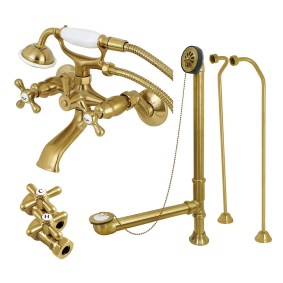 Kingston Brass CCK265SBD Vintage Wall Mount Clawfoot Tub Faucet Package with Supply Line, Hand Shower and Tub Drain, Brushed Brass