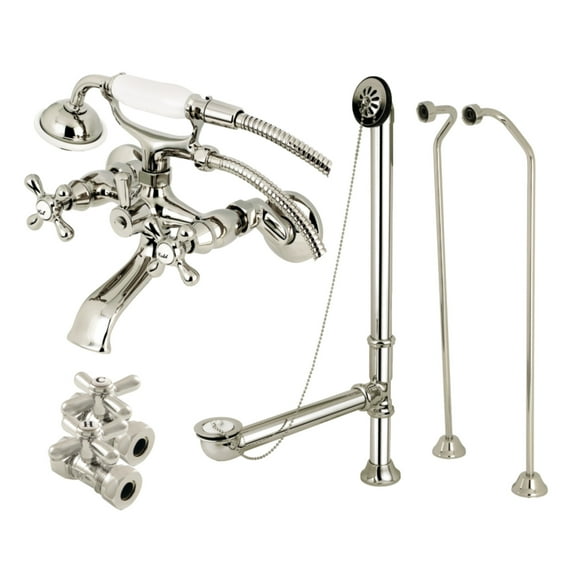 Kingston Brass CCK265PND Vintage Wall Mount Clawfoot Tub Faucet Package with Supply Line, Hand Shower and Tub Drain, Polished Nickel