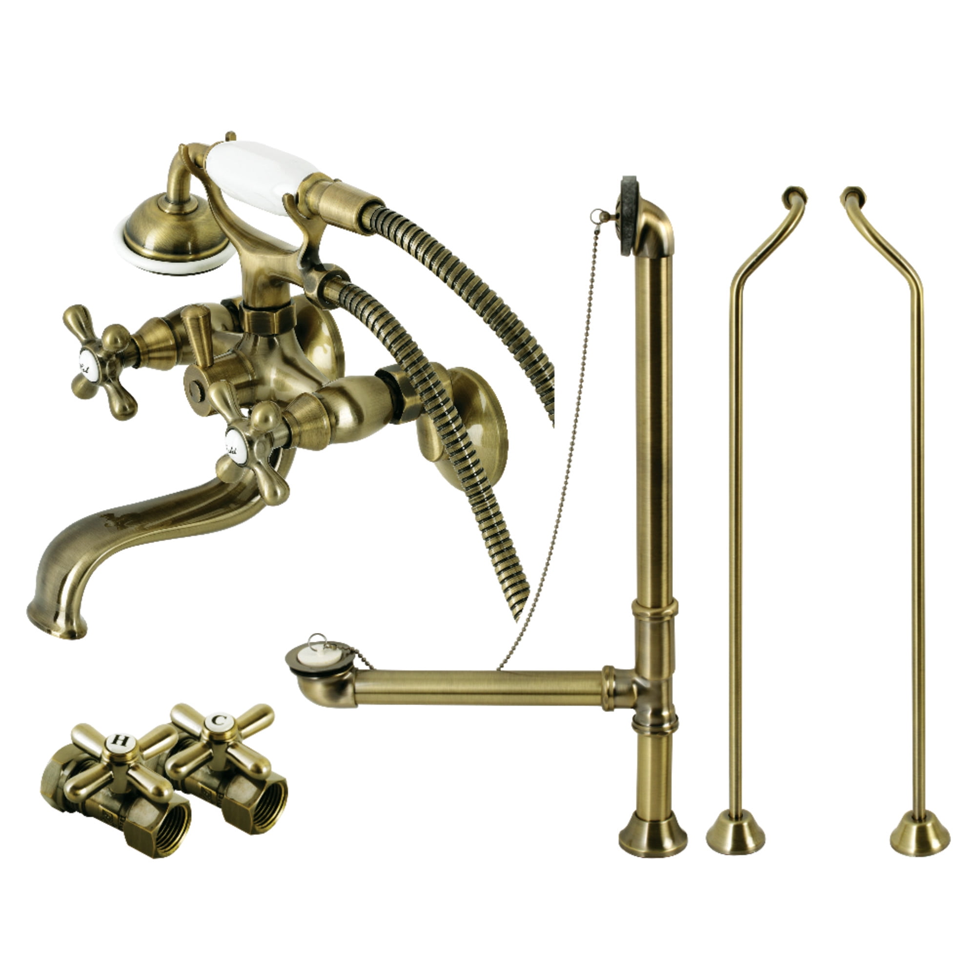 Kingston Brass CCK225ABD Vintage Tub Wall Mount Clawfoot Tub Faucet Package with Supply Line, Hand Shower and Tub Drain, Antique Brass