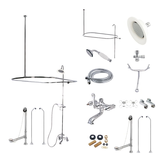 Kingston Brass CCK1181PX Vintage Tub Wall Mount Clawfoot Tub Faucet Package with Shower Enclosure and Hand Shower, Polished Chrome