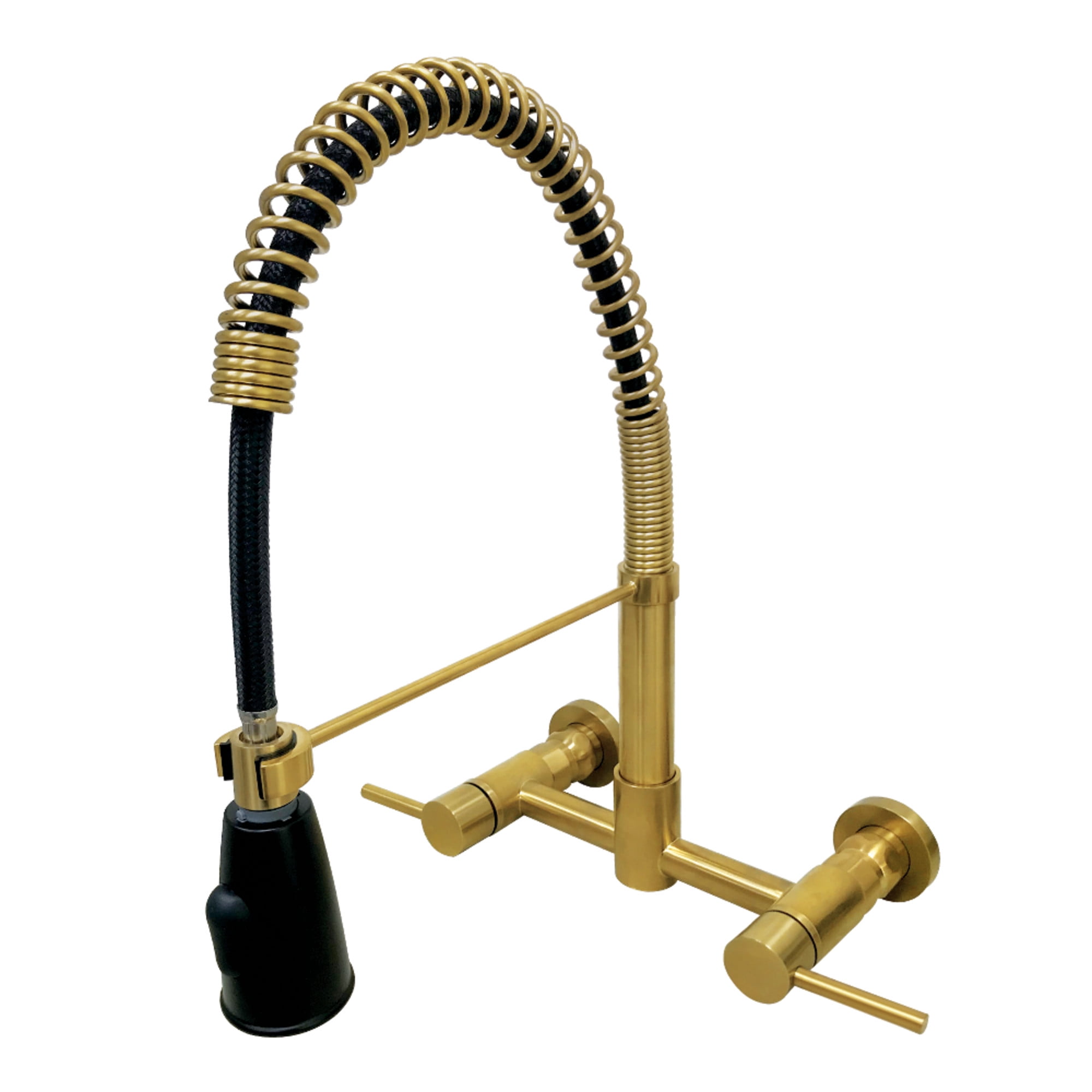 Kingston Brass GS8287DL Concord Double-Handle 2-Hole Wall-Mount Pre-Rinse Bridge Kitchen Faucet in Brushed Brass