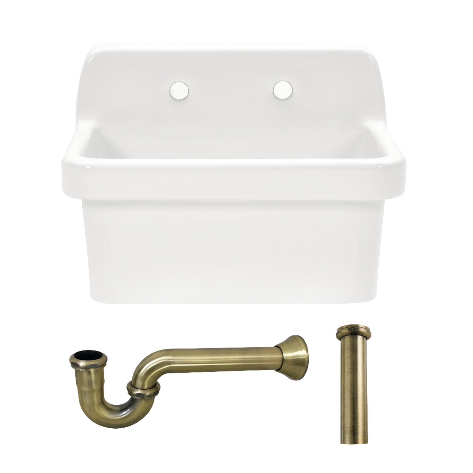 Kingston Brass KGPKWS2419173 Doriteal 24-Inch Ceramic Single Bowl Wall Mount Kitchen Sink with Strainer in White/Antique Brass