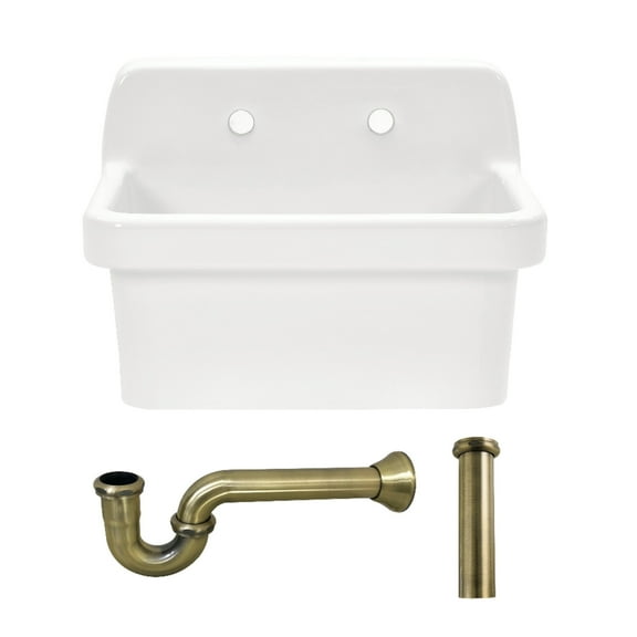 Kingston Brass KGPKWS2419173 Doriteal 24-Inch Ceramic Single Bowl Wall Mount Kitchen Sink with Strainer in White/Antique Brass