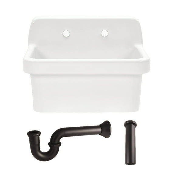 Kingston Brass KGPKWS2419175 Doriteal 24-Inch Ceramic Single Bowl Wall Mount Kitchen Sink with Strainer in White/Oil Rubbed Bronze
