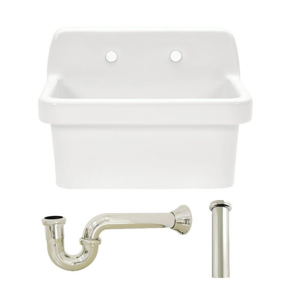 Kingston Brass KGPKWS2419176 Doriteal 24-Inch Ceramic Single Bowl Wall Mount Kitchen Sink with Strainer in White/Polished Nickel