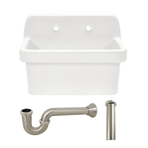 Kingston Brass KGPKWS2419178 Doriteal 24-Inch Ceramic Single Bowl Wall Mount Kitchen Sink with Strainer in White/Brushed Nickel