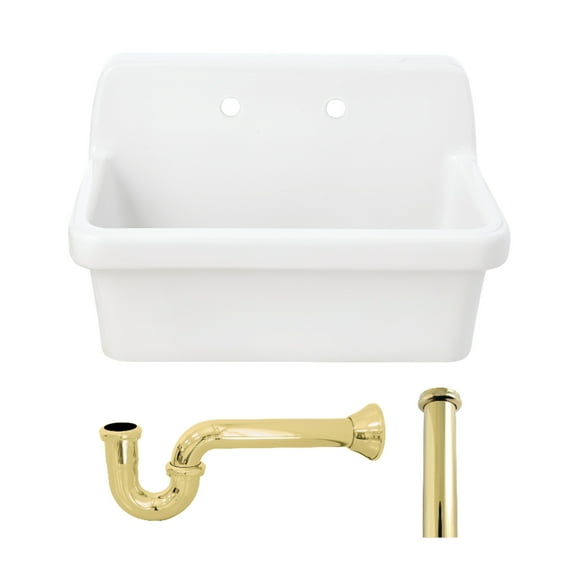 Kingston Brass KGPKWS3019182 Doriteal 30-Inch Ceramic Single Bowl Wall Mount Kitchen Sink with Strainer in White/Polished Brass