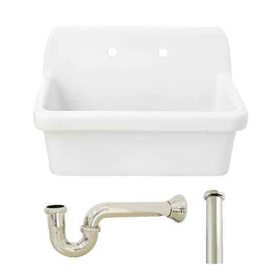 Kingston Brass KGPKWS3019186 Doriteal 30-Inch Ceramic Single Bowl Wall Mount Kitchen Sink with Strainer in White/Polished Nickel