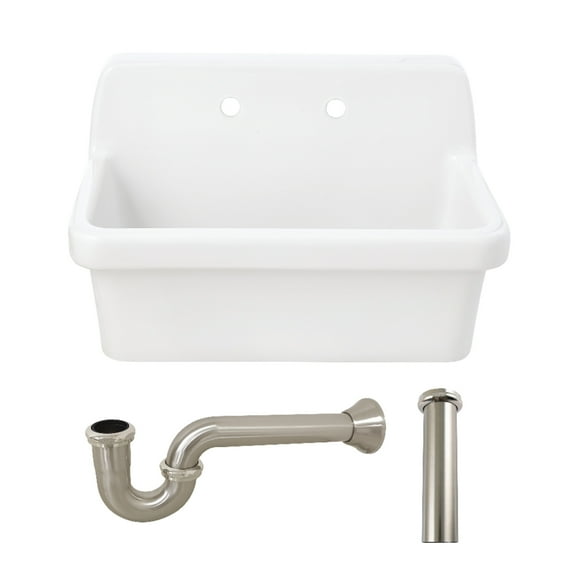 Kingston Brass KGPKWS3019188 Doriteal 30-Inch Ceramic Single Bowl Wall Mount Kitchen Sink with Strainer in White/Brushed Nickel