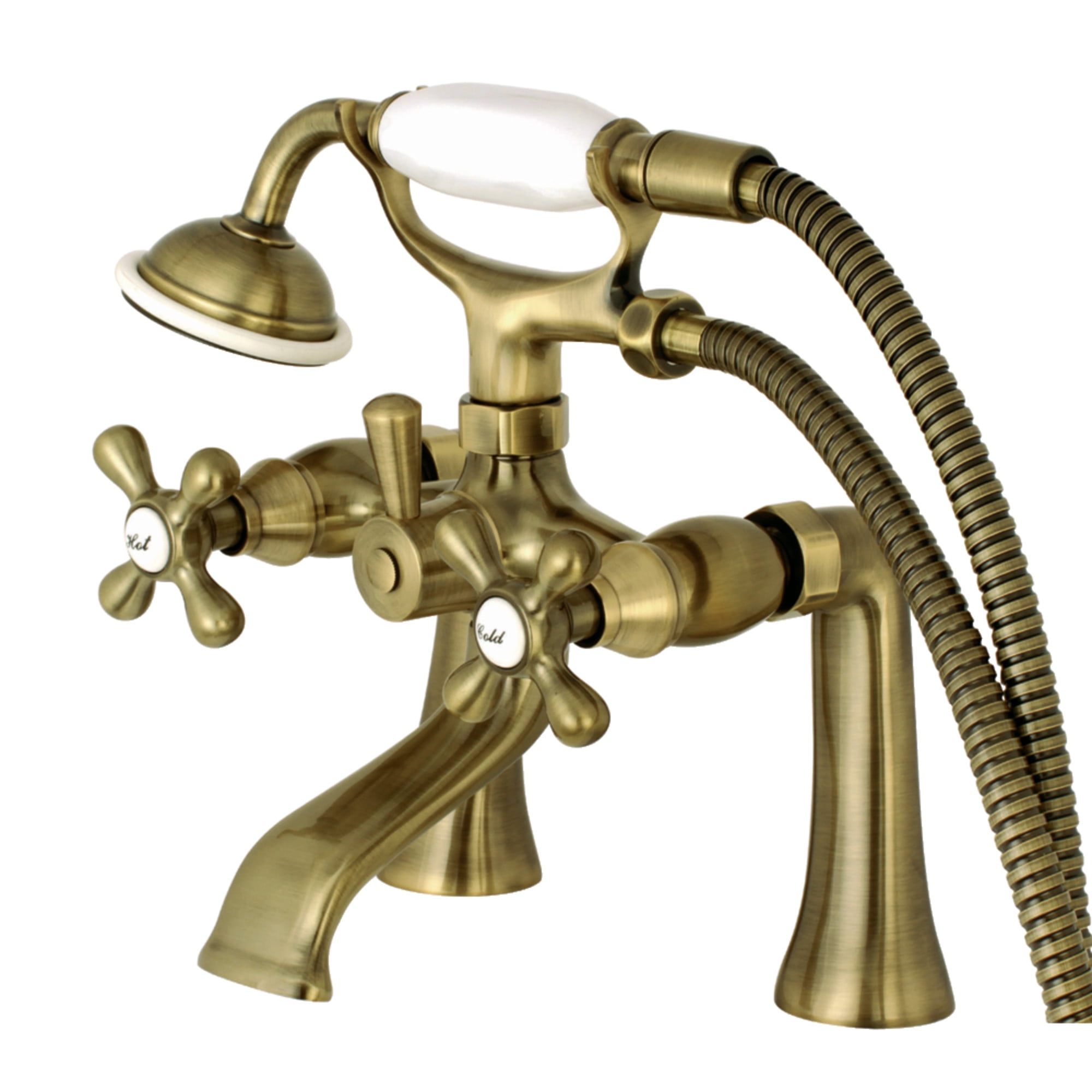 Kingston Brass KS268AB Kingston 7" Center Deck-Mount Clawfoot Tub Faucet with Hand Shower, Antique Brass