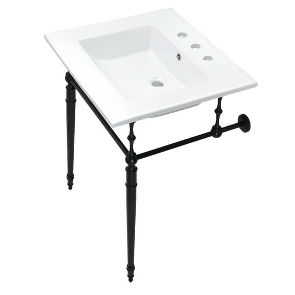Kingston Brass KVPB25227W8MB Edwardian 25" Ceramic Console Sink with Brass Legs (8-Inch, 3-Hole), White/Matte Black